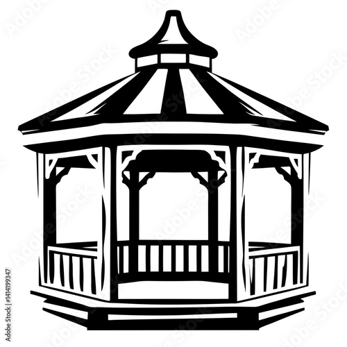 Black and white illustration of an outdoor gazebo structure with intricate design