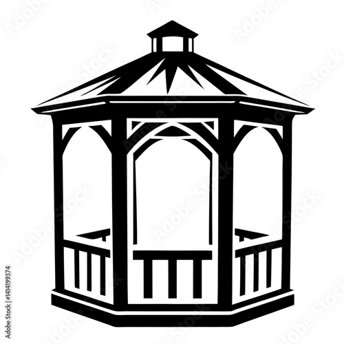 Detailed black and white vector illustration of an elegant gazebo structure