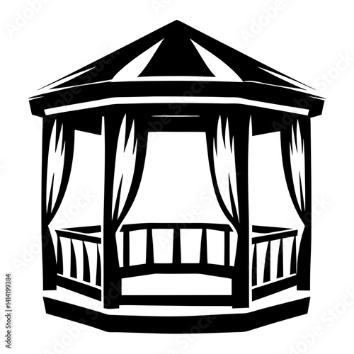 Stylized monochromatic gazebo drawing with curtains and detailed roof structure