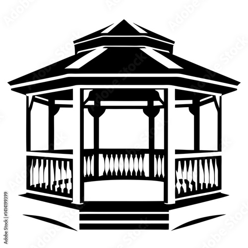 Black and white gazebo vector illustration with a multiple layer roof