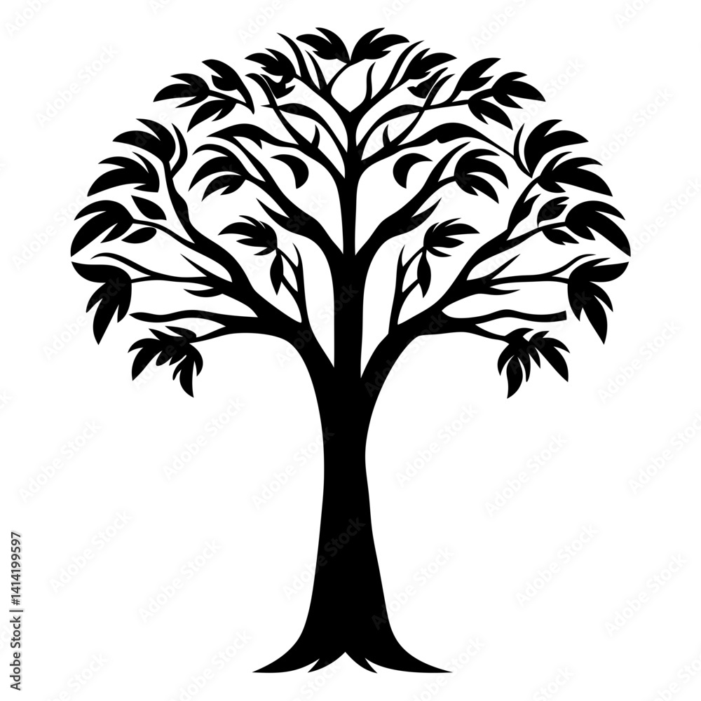 Obraz premium Black Silhouette of a Lush Tree with Rounded Canopy and Leaves