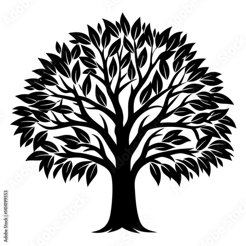 Elegant silhouette of a flourishing tree with lush foliage against white background