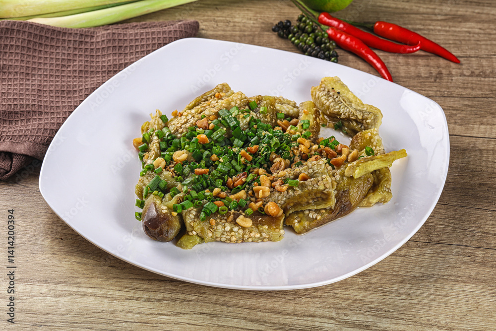 Asian cuisine baked eggplant with peanut