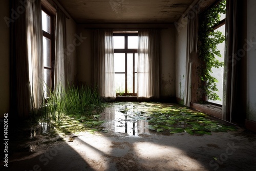 Nature Inside Abandoned Apartment  A flooded apartment with lily pads and reeds growing through broken windows  sunlight filtering through vine-covered curtains.