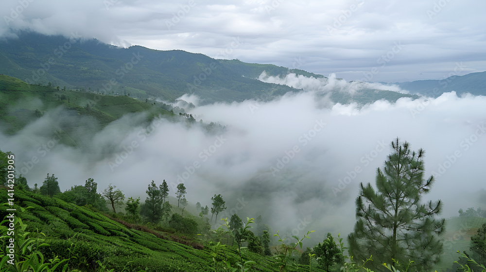 Fototapeta premium A scenic view of mountains covered in mist with lush green vegetation and cloudy sky landscape scene