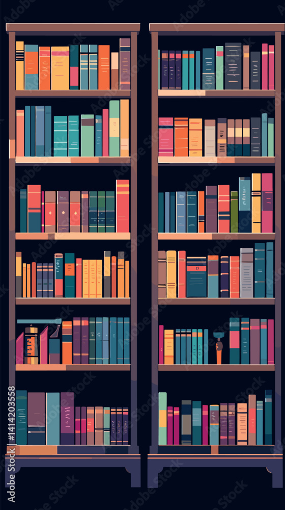 Colorful bookshelves with diverse book collection in library setting flat vector illustration Colorful bookshelves with diverse book collection in library setting flat vector illustration