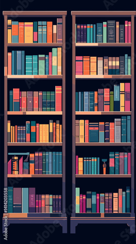 Colorful bookshelves with diverse book collection in library setting flat vector illustration