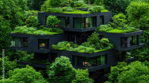 Lush green building in forest sustainable architecture eco friendly design
