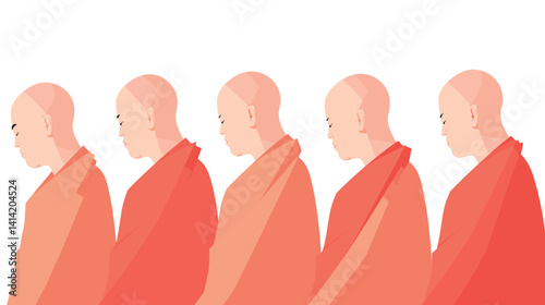 Procession of asian male monks in orange robes symbol of spirituality and meditation flat vector illustration