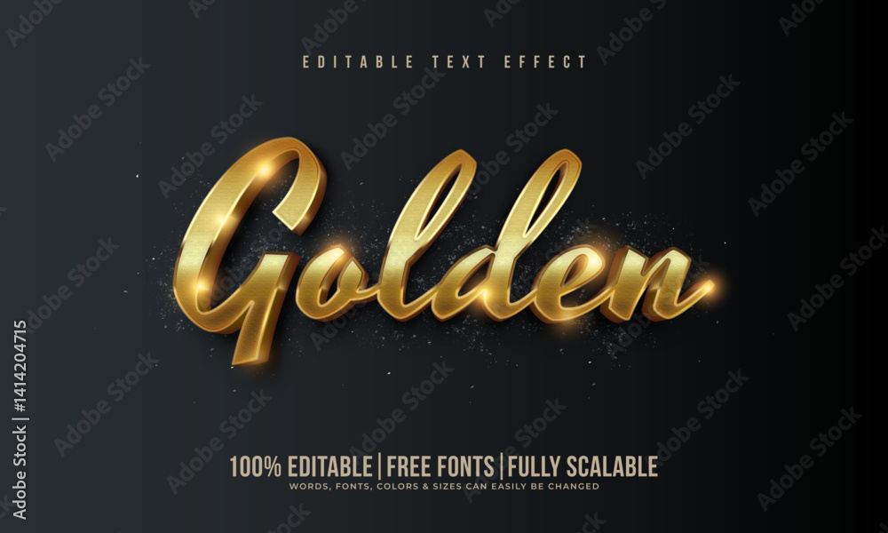 Realistic 3d golden text effect mockup with gold typography, shiny metal texture, royal glitter sparkle and glossy light background to elevate business marketing and social media advertisement. Gold.