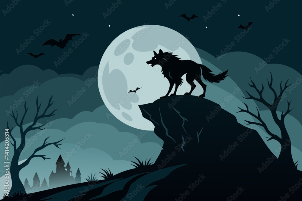Fototapeta premium Scary Werewolf on Rocky Hill Illustration