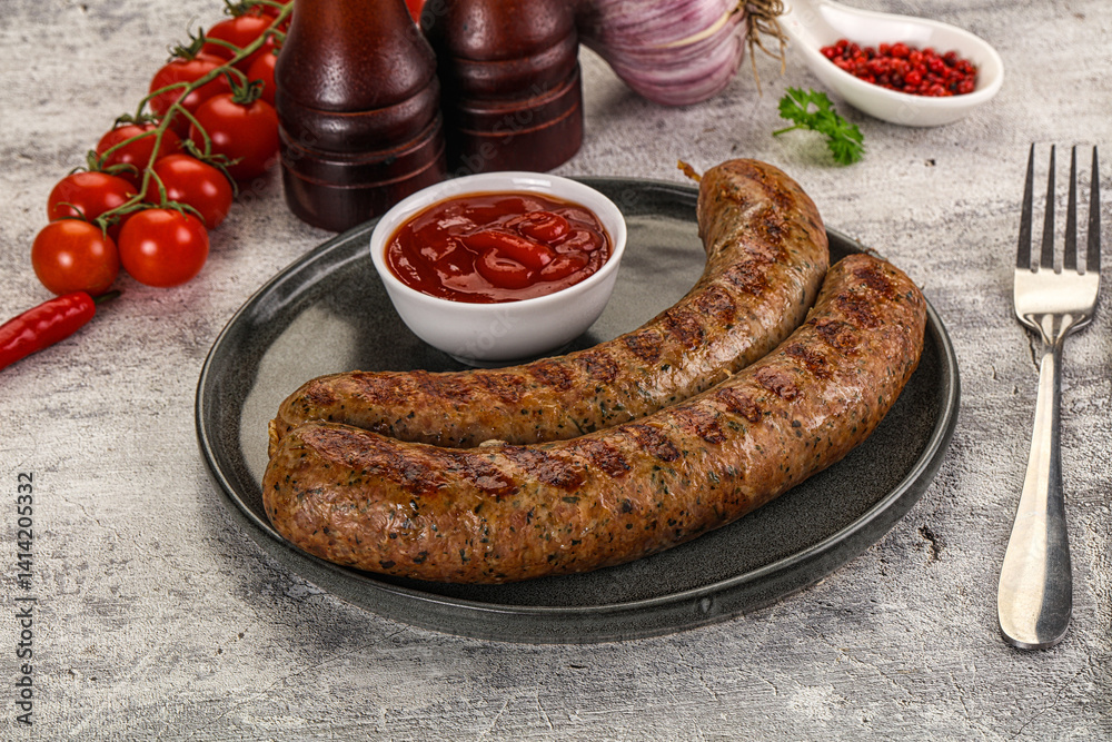 Grilled beef sausages with sauce