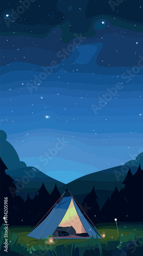 Tranquil night camping under starry sky in a mountain landscape flat vector illustration