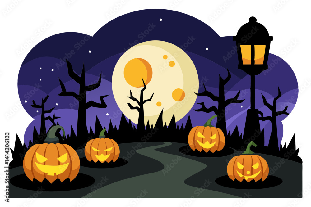 Fototapeta premium Eerie Pumpkin Patch with Carved Faces
