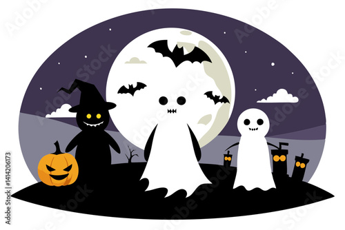 Moonlit Halloween Kids in Costume Vector