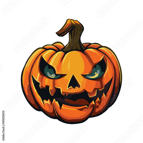 Angry carved Halloween pumpkin with glowing eyes on white background.