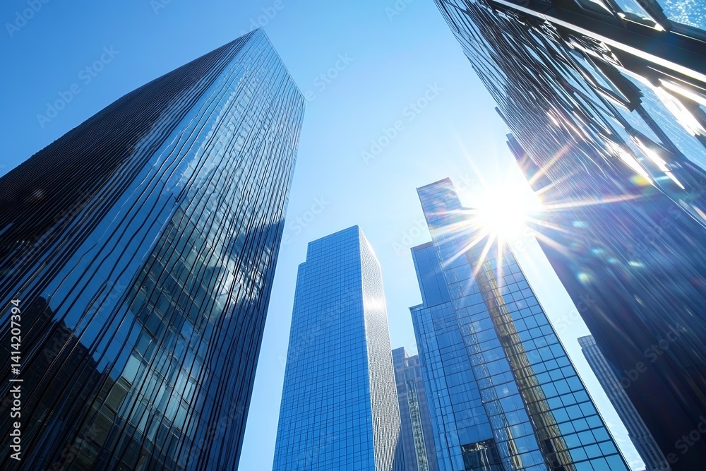 Fototapeta premium Modern skyscrapers under blue sky with sunlight through glass, symbolizing business success and real estate growth