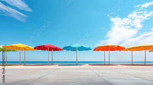Colorful umbrellas line sunny beachfront with clear blue sky