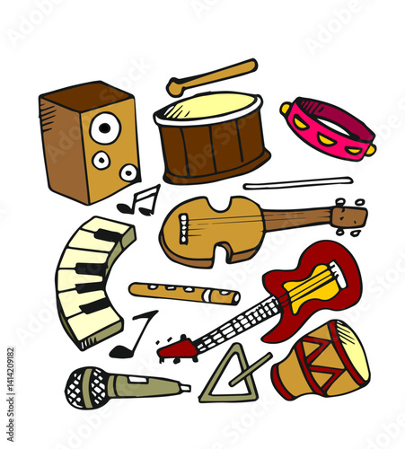 Set of music elements in childish doodle hand drawn style 