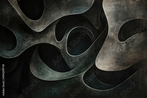 Abstract dark gray sculptural artwork with sinuous curves and textured surfaces creating a mesmerizing depth.