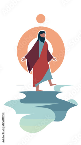 Abstract art of biblical figure walking on water with halo flat vector illustration