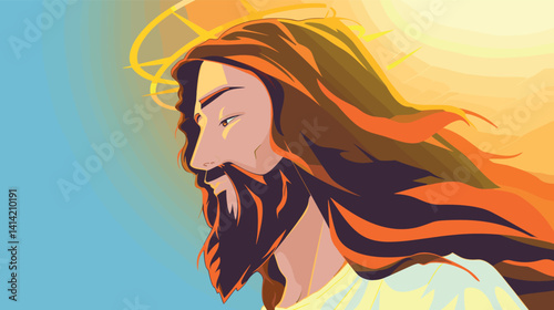 Artistic portrait of bearded long-haired male with halo under sunny sky flat vector illustration