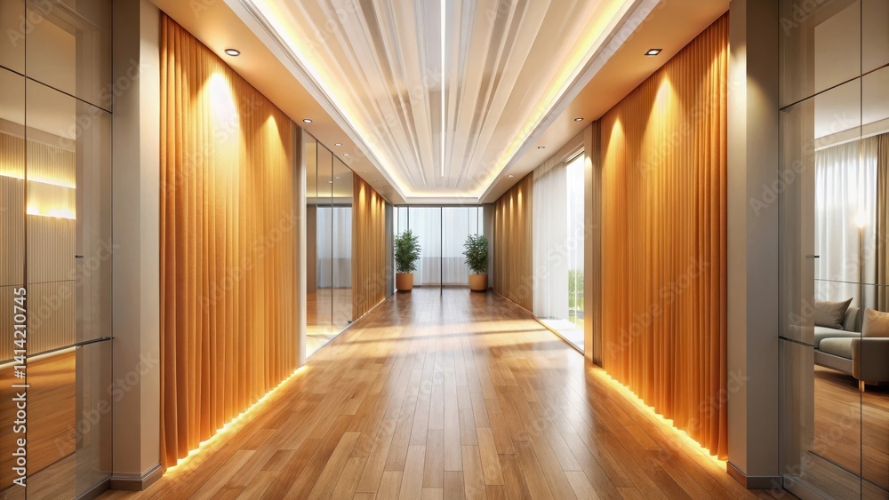 Obraz premium Illuminated Corridor with Golden Drapes and Hardwood Floor, Modern Interior Design Concept