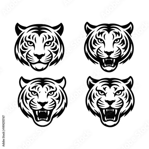Tiger set logo vector icon Silhouette of a tiger head isolated on white background. Set of tiger head illustrations in black and white. Tiger head design on white background.