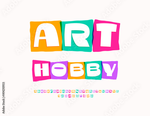 Vector Creative emblem Art Hobby. Fashion Font in Colorful Blocks. Modern Bright Alphabet Letters and Numbers set.
