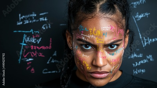 Portrait of a determined young woman with colorful mathematical formulas drawn on her face against a dark background