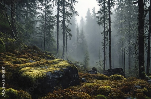 Foggy forest with moss-covered rocks and tall trees in moody green and brown tones, low-angle view, atmospheric woodland scene in natural light for nature or environment themes