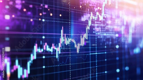 A stock market graph with a digital blue and purple background, showing an investment chart, finance chart, market analysis data
