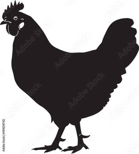 Chicken Rooster Silhouette – Black and White Vector Art with Detailed Feathers and Proud Stance