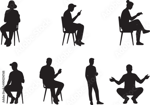 People Silhouettes – Seated and Standing Poses in Black and White Minimalist Vector Illustration

