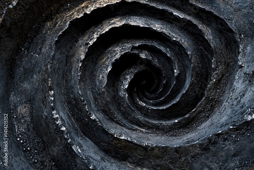 A mesmerizing spiral of dark, textured rock leading into a black abyss.