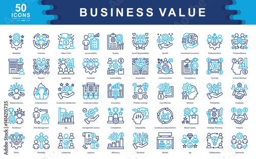 The Business Value icon set defines key drivers of success such as leadership, responsibility, and performance, ideal for strategic planning, stakeholder engagement, and brand identity.