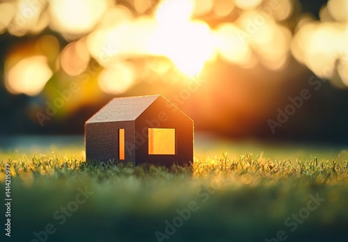 Wooden house model on green grass in warm sunset light, close-up telephoto shot with blurred background, natural scenery, static composition, soft focus and eco living concept