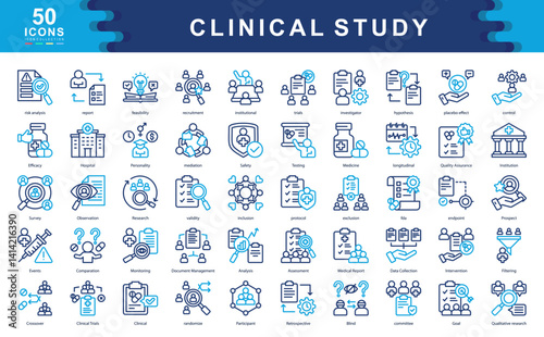 The Clinical Study icon set highlights essential elements of scientific trials and medical research.ideal for illustrating protocols, data validation, risk evaluation, and regulatory compliance.