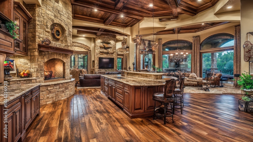 Fototapeta premium Rustic, luxurious kitchen-living area