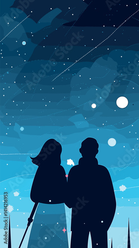 Silhouettes of couple stargazing at night sky with stars and planets flat vector illustration