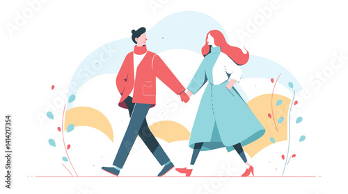 Young caucasian male and female walking together in stylish outerwear flat vector illustration