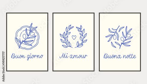 La dolce vita doodles placard or poster set. Vector illustration of italian style hand drawn posters. Wall art prints decor. Illustration for invitations, menus design.