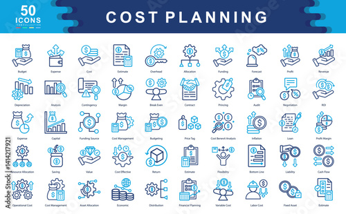 The Cost Planning icon set outlines essential financial concepts like budgeting, forecasting, and resource allocation ideal for project planning, cost control, and financial strategy.