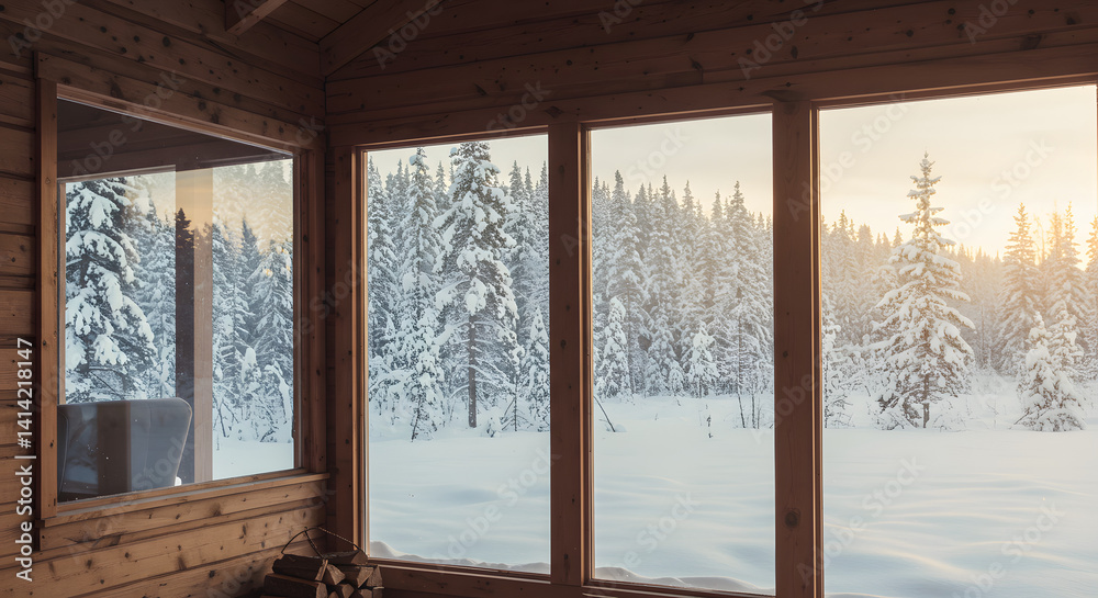 Fototapeta premium Serene Winter Cabin: Snow-Covered Pines Viewed Through Large Windows