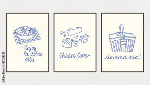 La dolce vita doodles placard or poster set. Vector illustration of italian style hand drawn posters. Wall art prints decor. Illustration for invitations, menus design.
