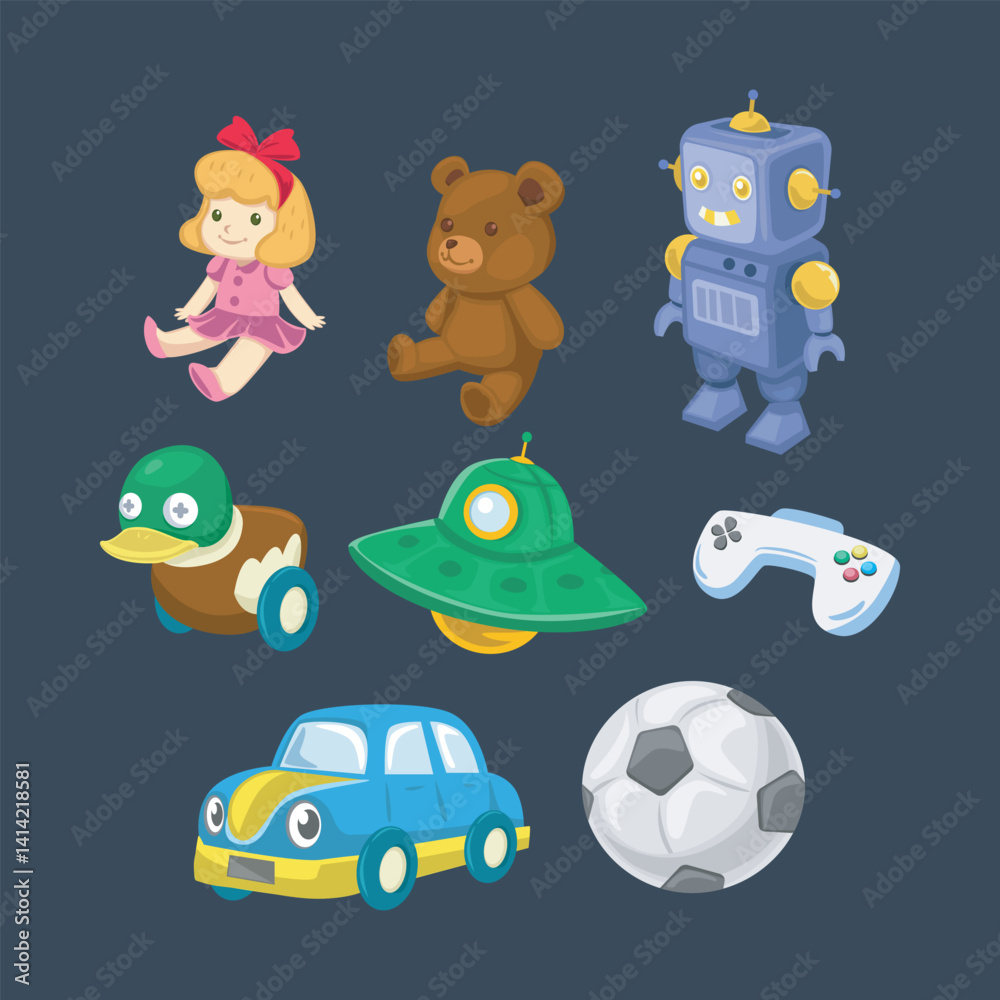 Children toys collection set in isolated background Children toys collection set in isolated background