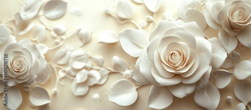White roses, cream background, floral design, wedding decor