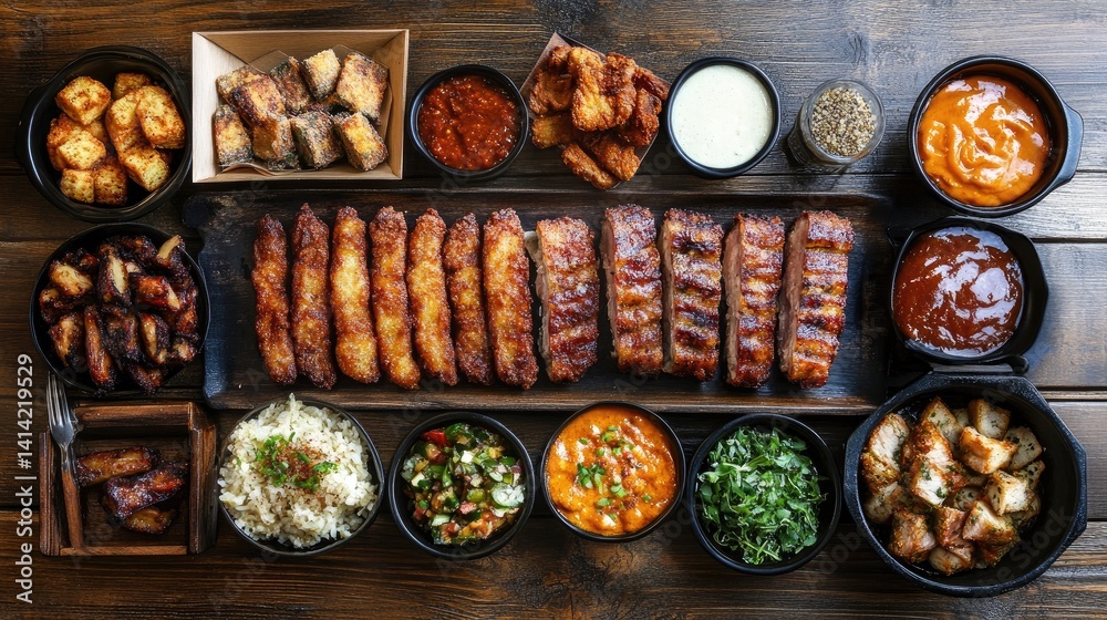 Fototapeta premium Flat lay of tonkatsu with side dishes arranged neatly on a wooden table