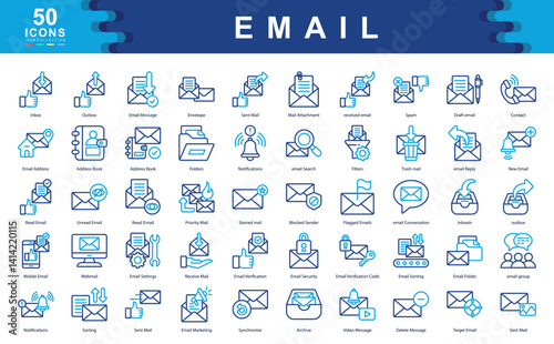 The Email icon set highlights key communication tools such as inbox management, filtering, and security ideal for messaging platforms, digital marketing, and workflow optimization.
