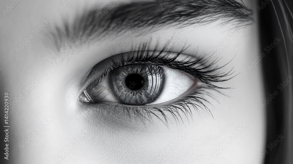 Close up shot of a human eye capturing intricate details showcasing the iris pupil and eyelashes in sharp focus with neutral lighting Close up shot of a human eye capturing intricate details showcasing the iris pupil and eyelashes in sharp focus with neutral lighting